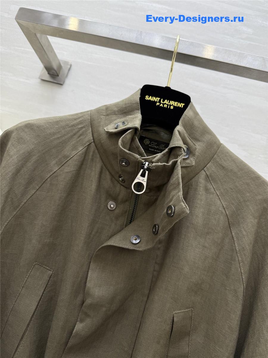 L0r0 P1ana green linen stand collar coat