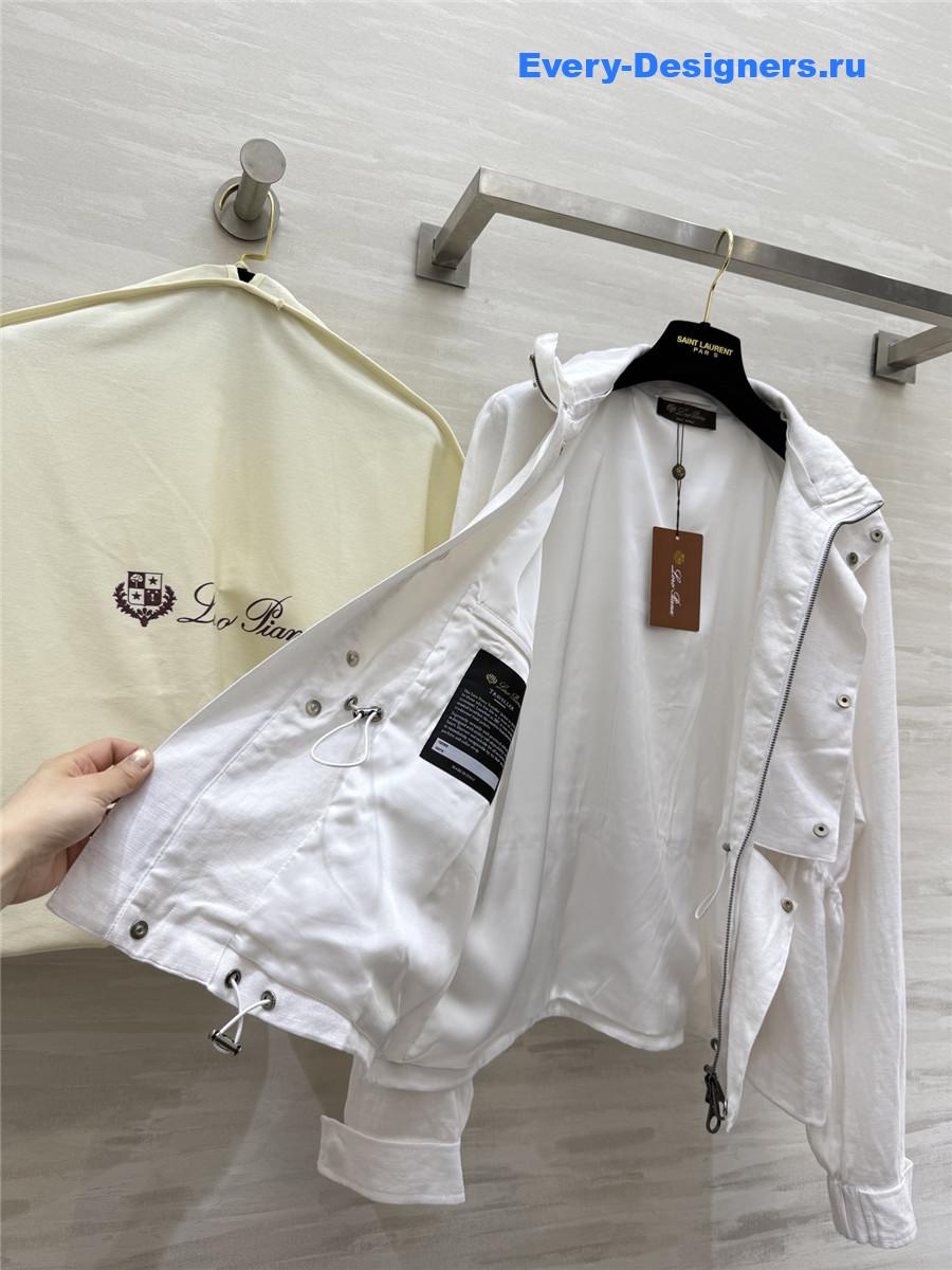 L0r0 P1ana white linen stand collar coat