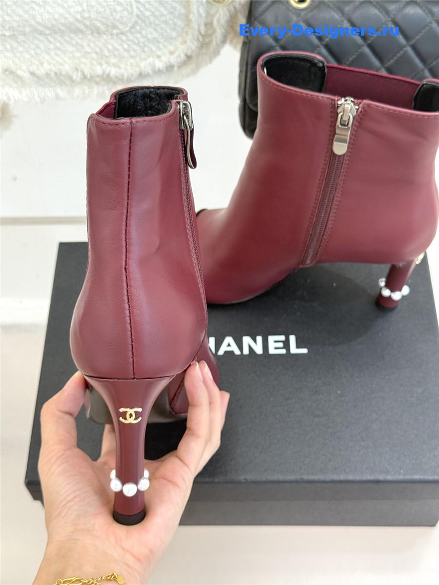 Ch**el burgundy classic pearl heel ankle boots