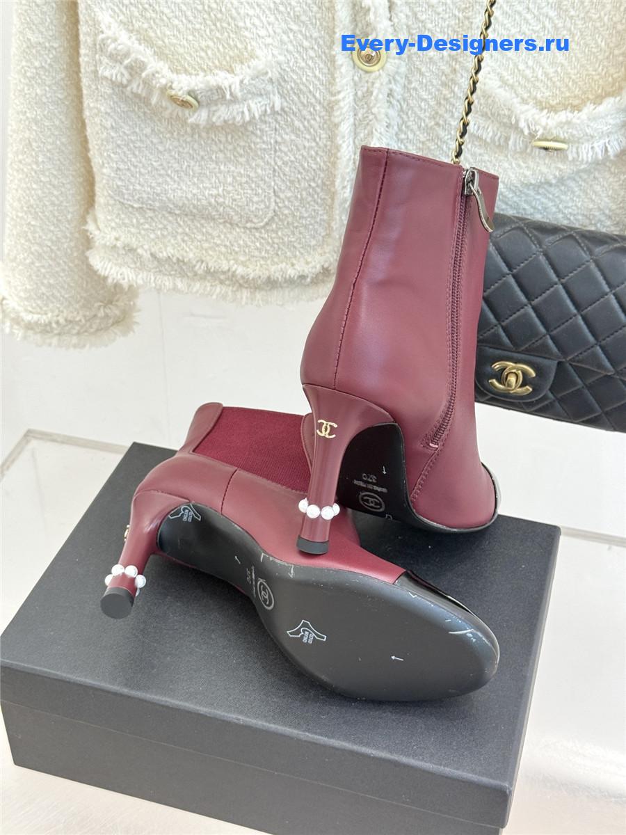 Ch**el burgundy classic pearl heel ankle boots