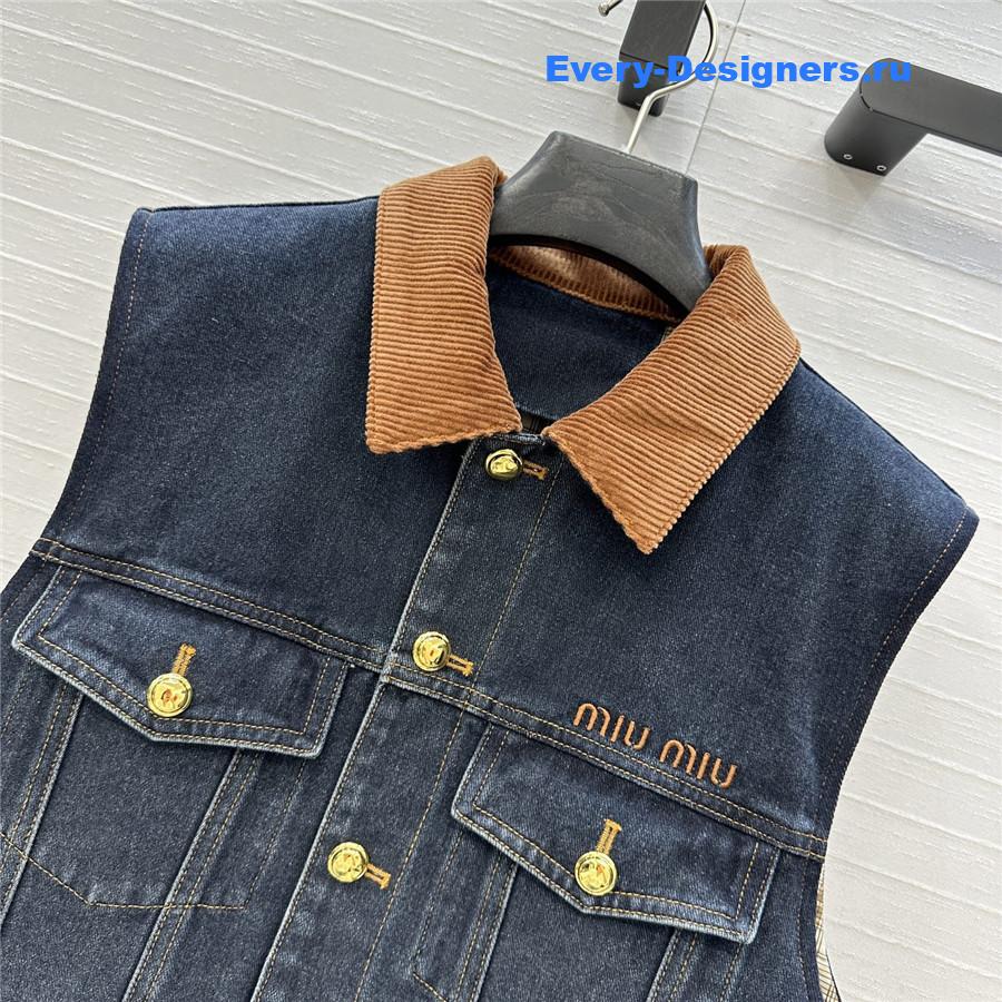Miu Miu Navy Flocked Denim And Velvet Vest