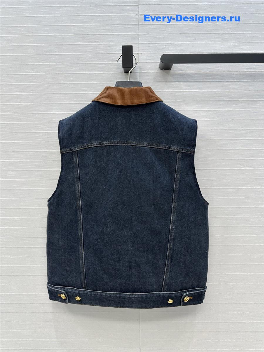 Miu Miu Navy Flocked Denim And Velvet Vest