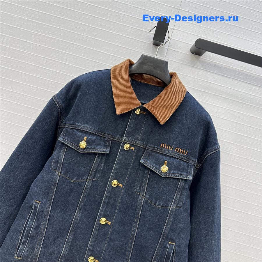 Miu Miu Navy Flocked Denim And Velvet Blouson Jacket