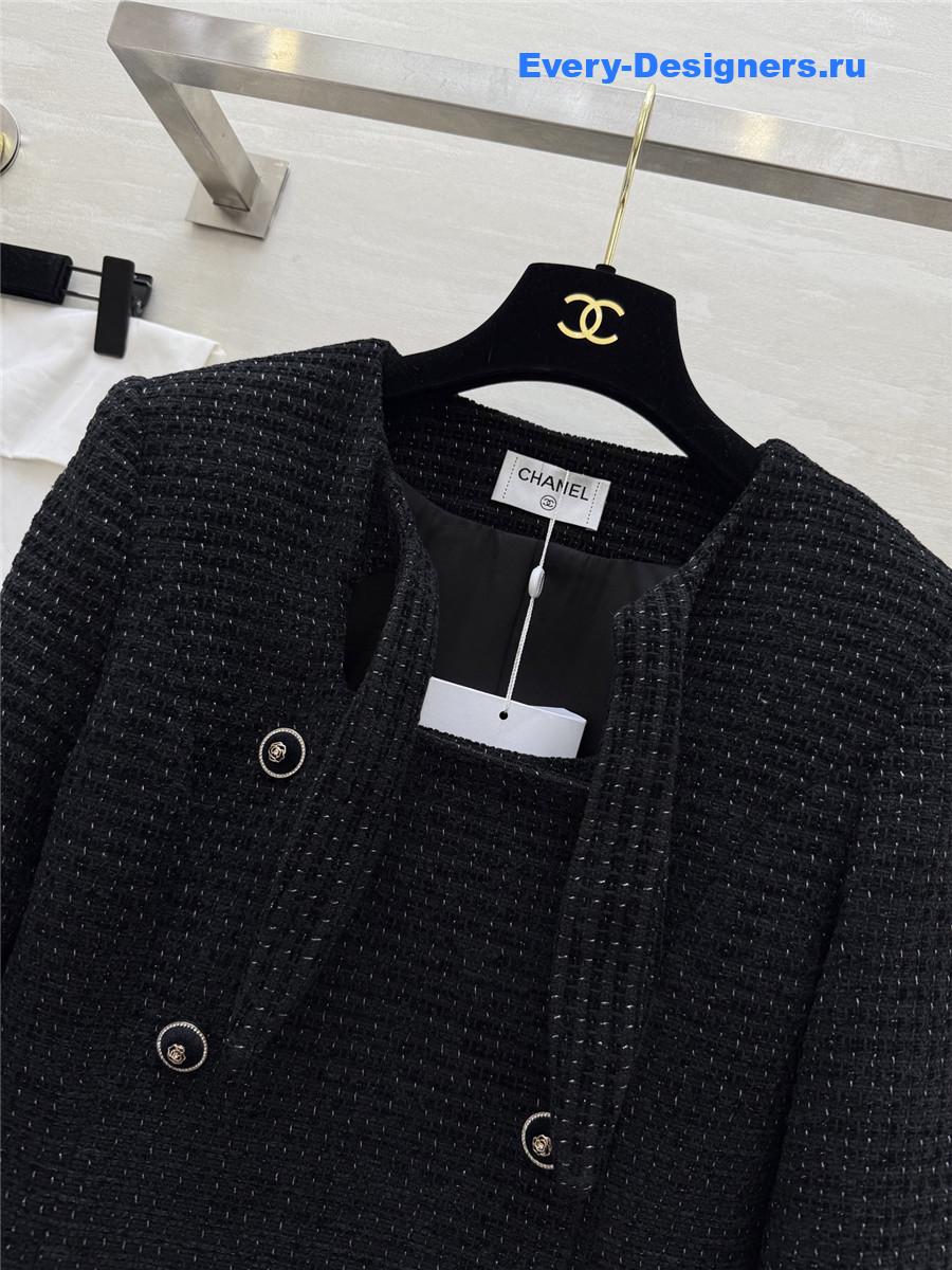 Ch**el black lace-up wool-woven soft tweed coat