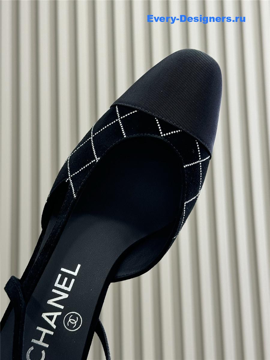 Ch**el black suede cap toe cc slingback pumps