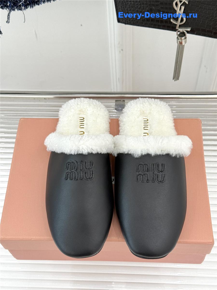 Miu Miu Black Suede Shearling-Lined Slides