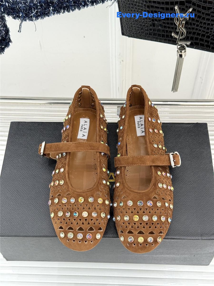 Alaia Crystal-embellished Brown suede ballet flats