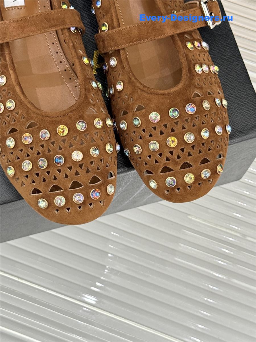 Alaia Crystal-embellished Brown suede ballet flats