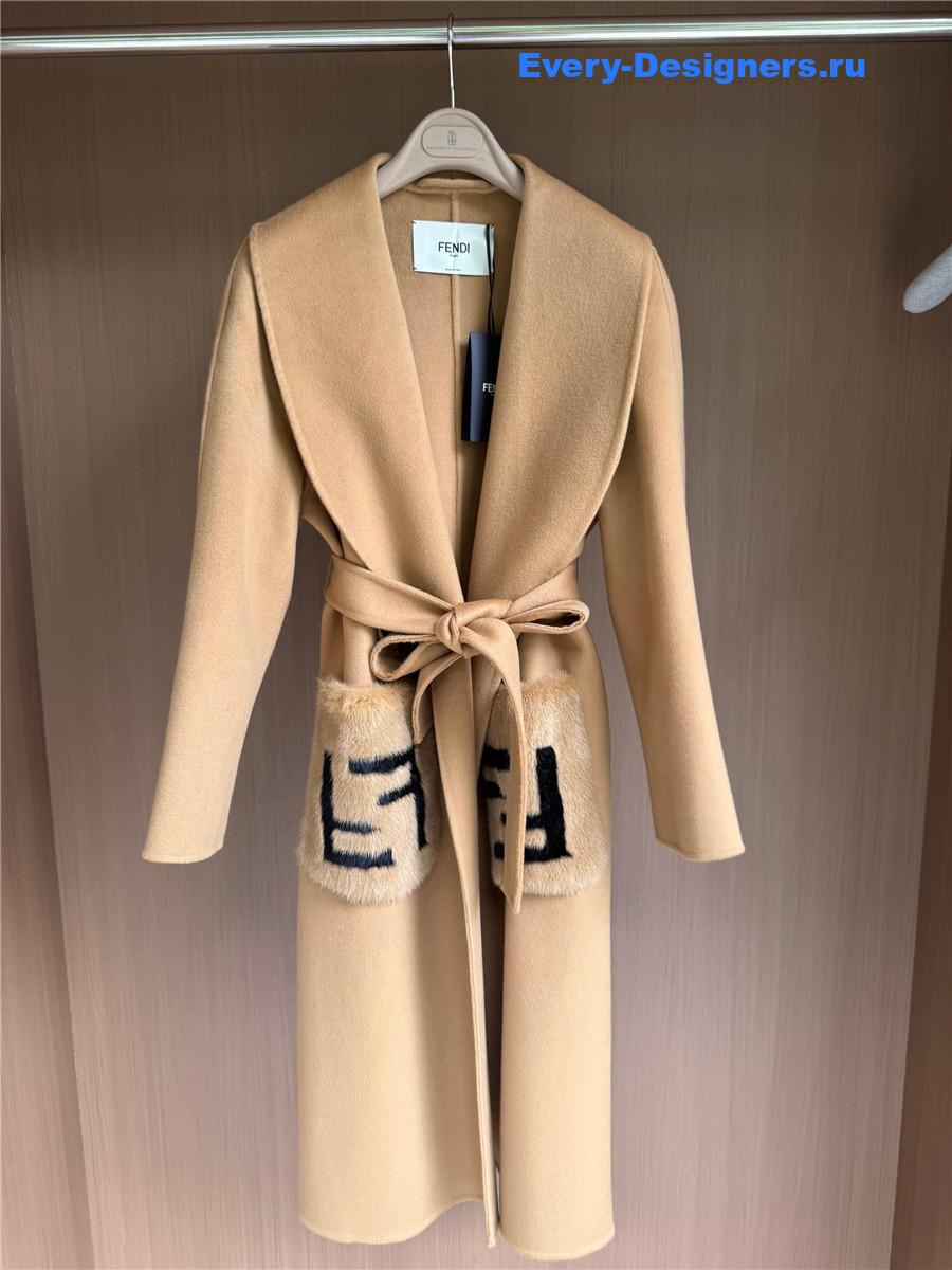 F**di camel logo-patch hooded cashmere coat