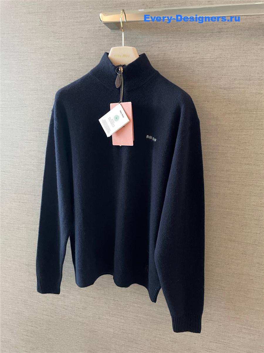 Miu Miu Navy Cashmere Leather Zipper Sweater