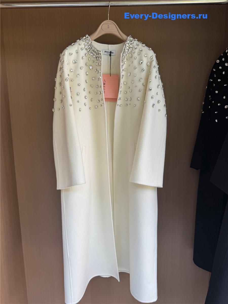 Miu Miu Crystal-embellished White Long Cape Coat