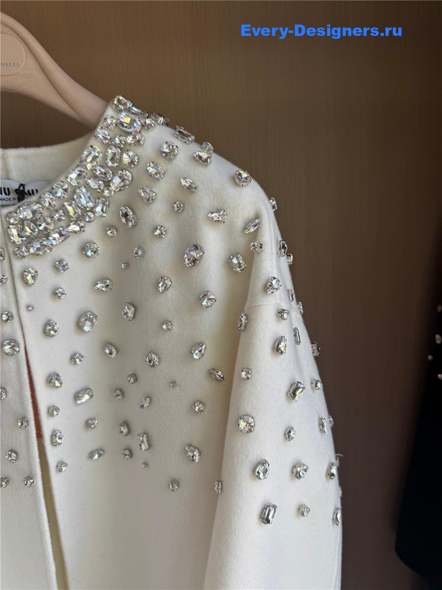 Miu Miu Crystal-embellished White Long Cape Coat