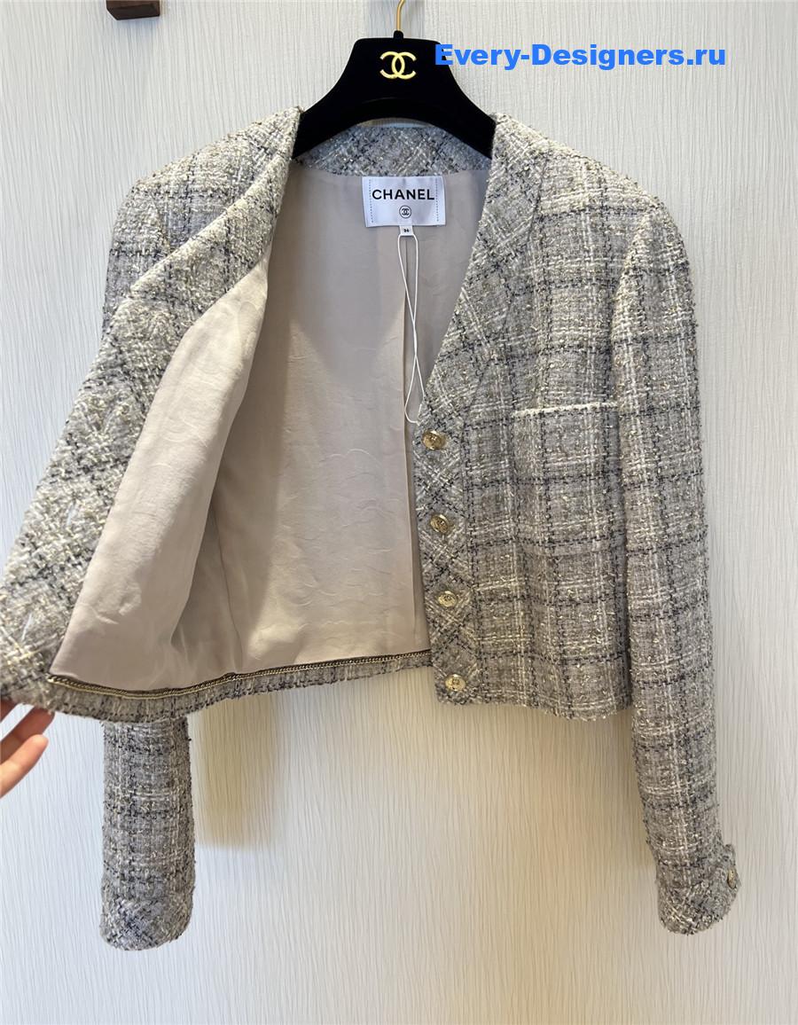 Ch**el grey v-neck tweed cropped coat