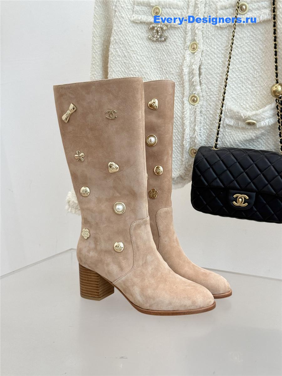 Ch**el cc beige suede high heel boots