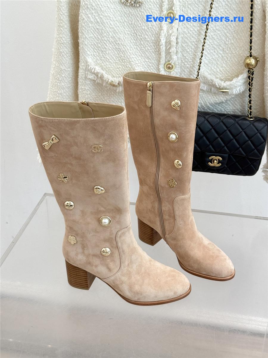 Ch**el cc beige suede high heel boots