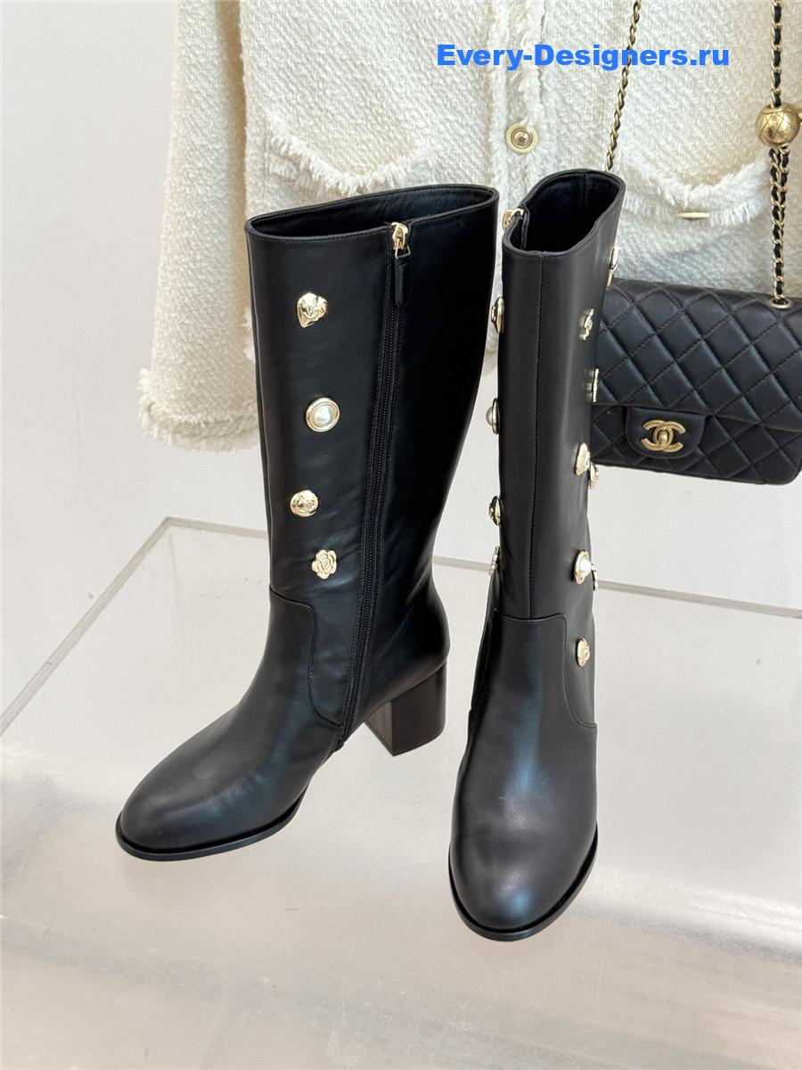Ch**el cc black leather high heel boots