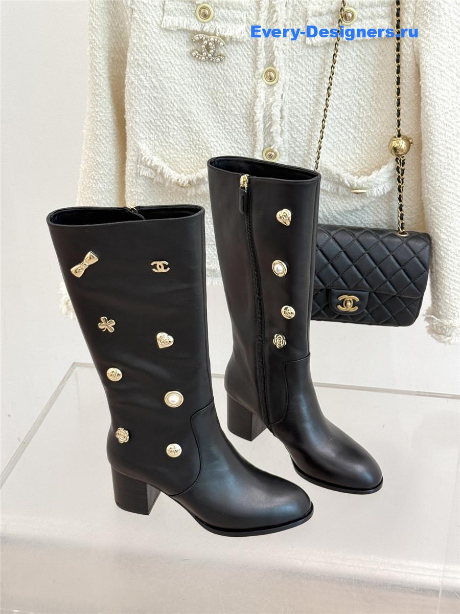 Ch**el cc black leather high heel boots