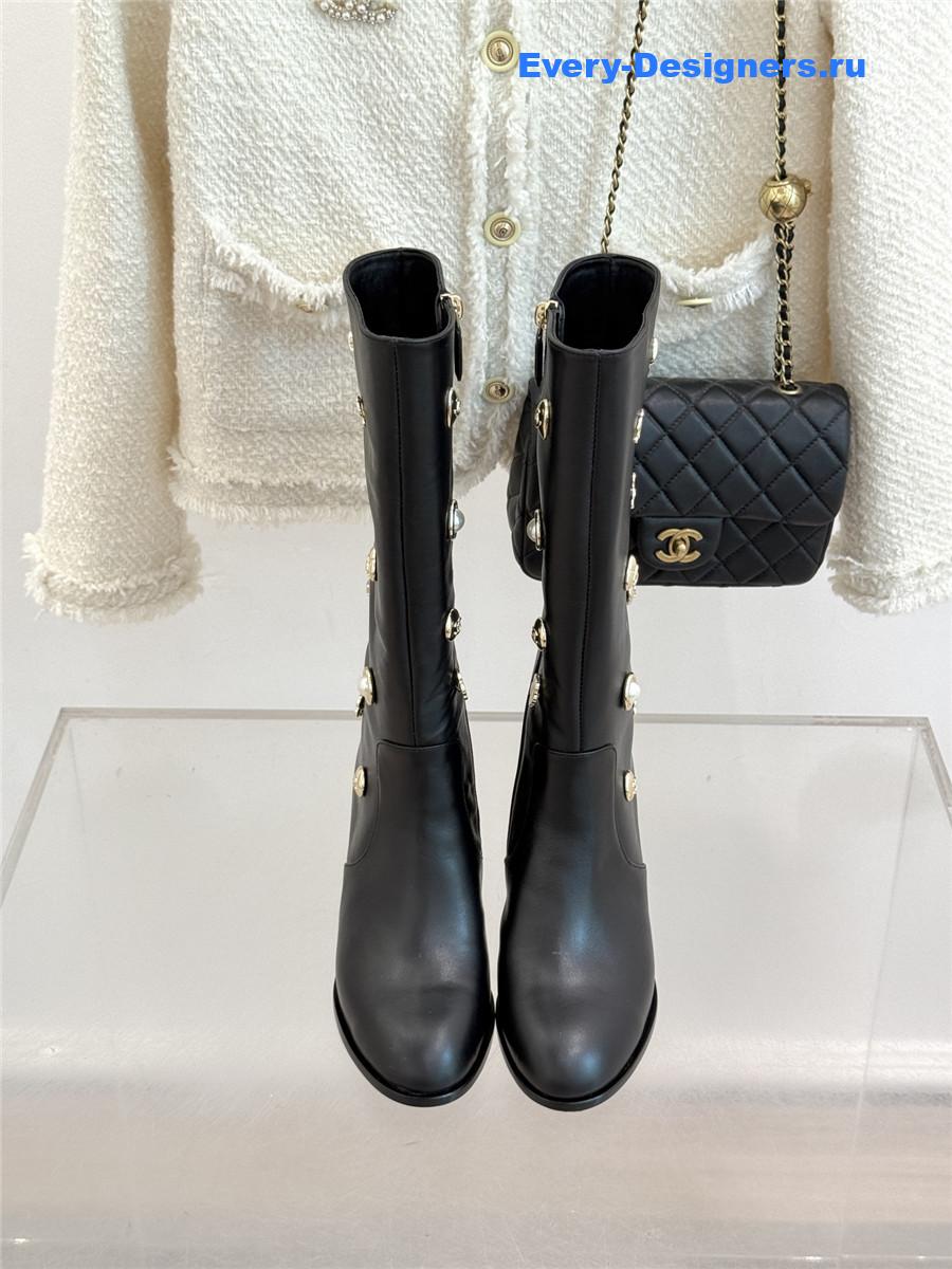 Ch**el cc black leather high heel boots