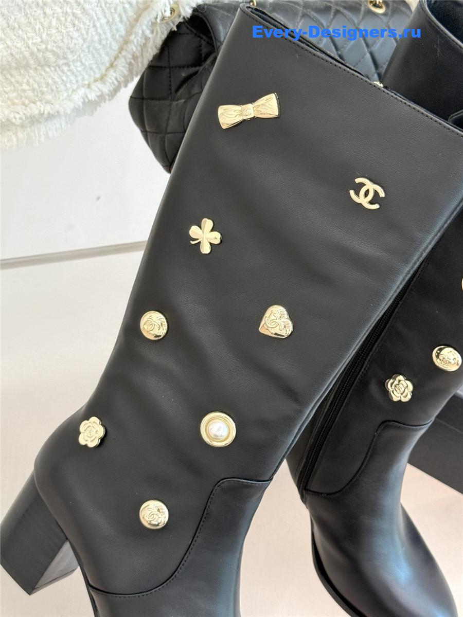 Ch**el cc black leather high heel boots