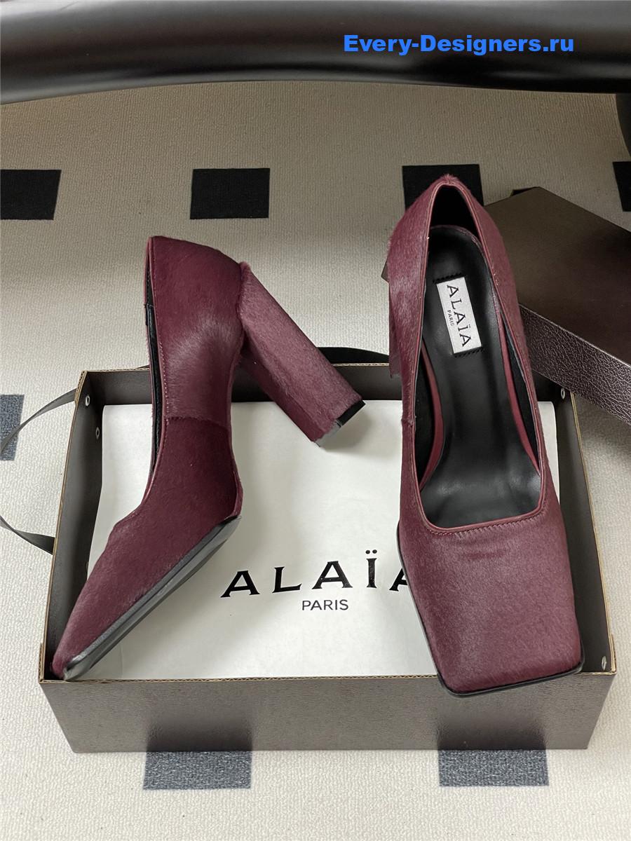 Alaia Burgundy Block Heel Square Toe Pumps
