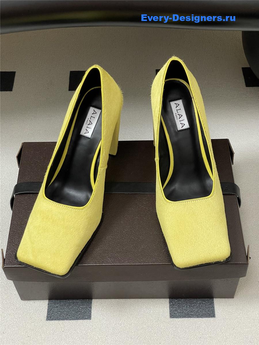 Alaia Yellow Block Heel Square Toe Pumps