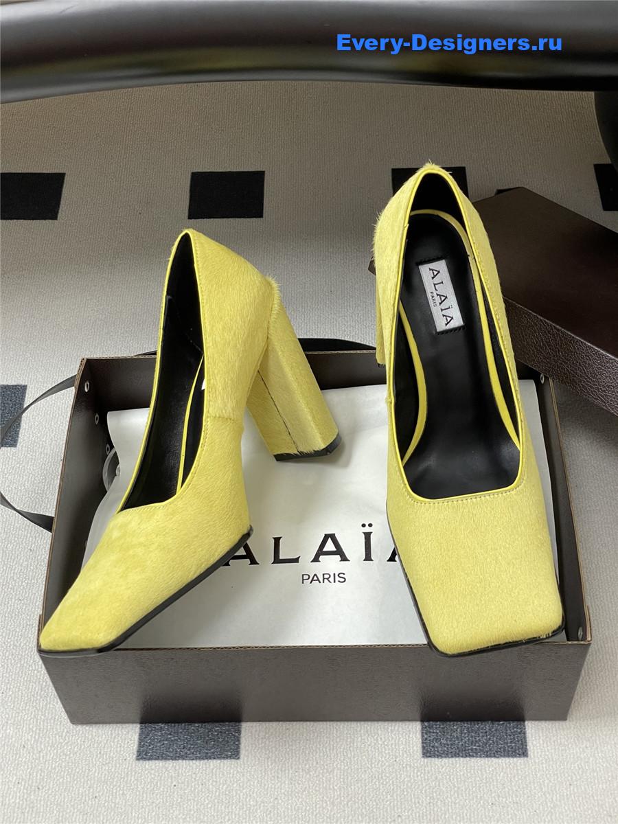 Alaia Yellow Block Heel Square Toe Pumps