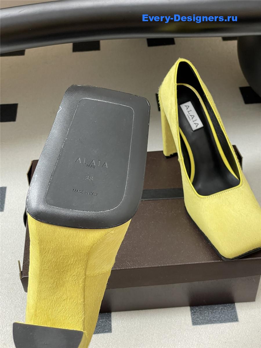 Alaia Yellow Block Heel Square Toe Pumps
