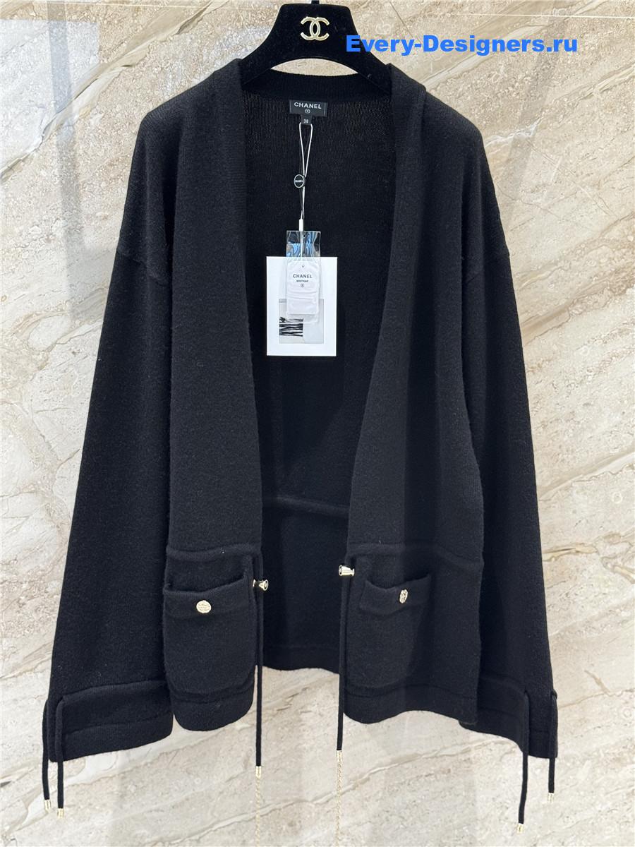 Ch**el black cashmere drawstring knit cardigan