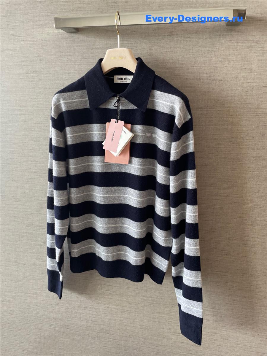 Miu Miu Navy Cashmere Polo Striped Sweater