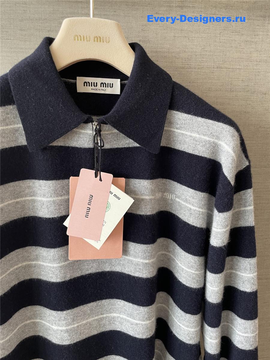Miu Miu Navy Cashmere Polo Striped Sweater