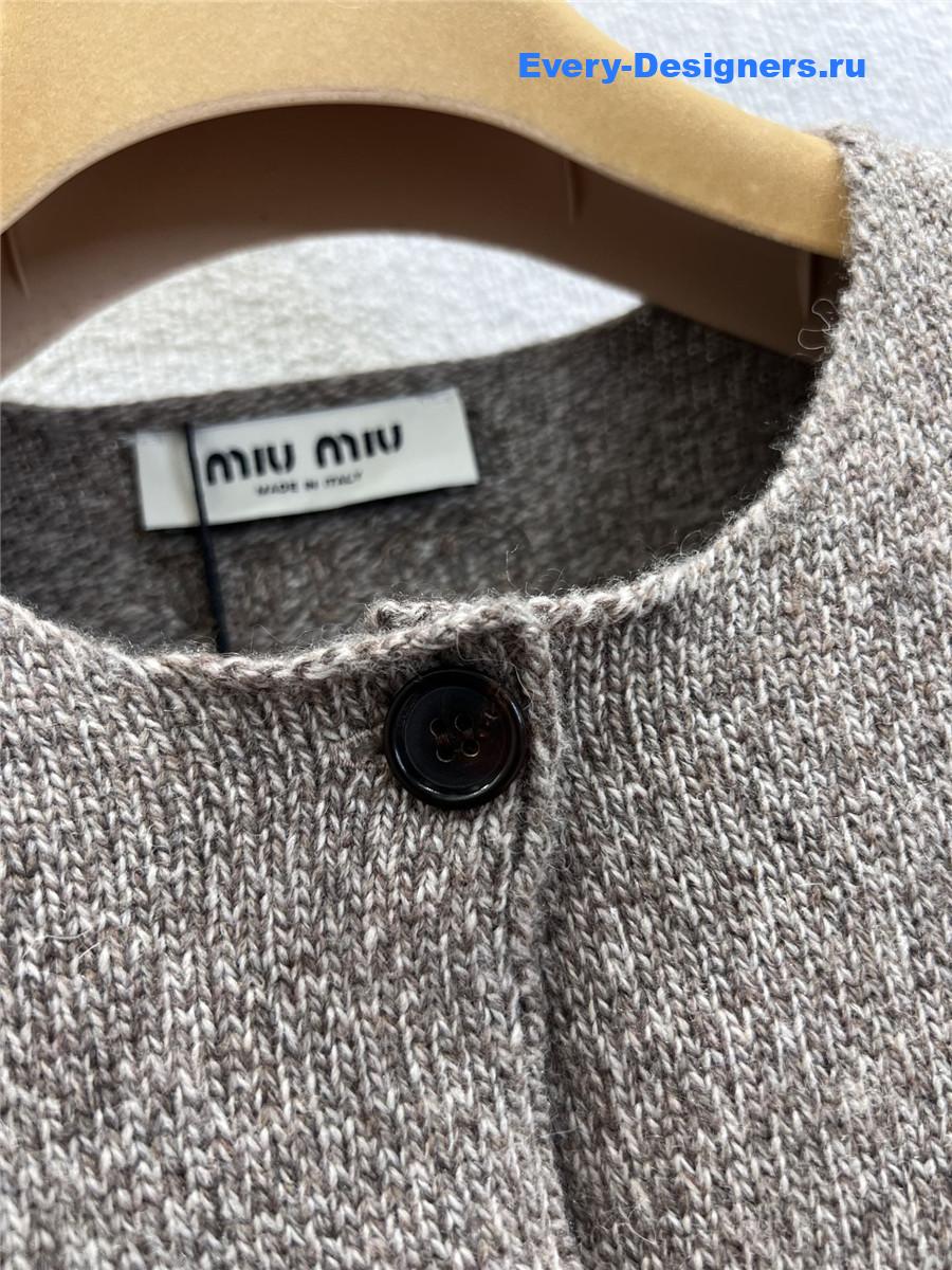 Miu Miu Light Brown Crew Neck Knit Cardigan