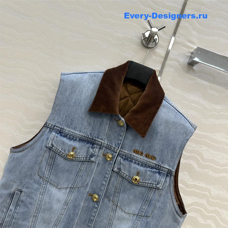 Miu Miu Navy Flocked Denim Velvet Vest