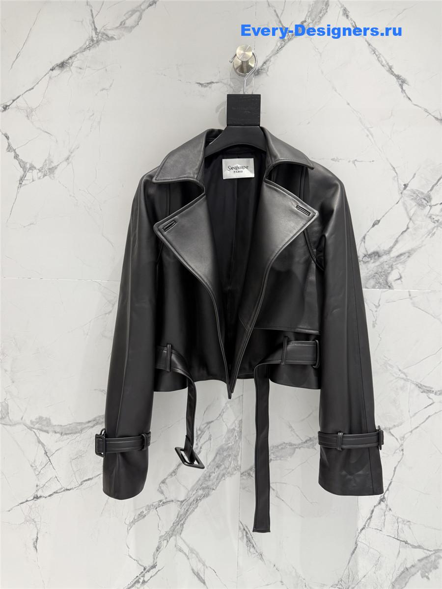 Sa1nt Lau*nt black short suede trench coat