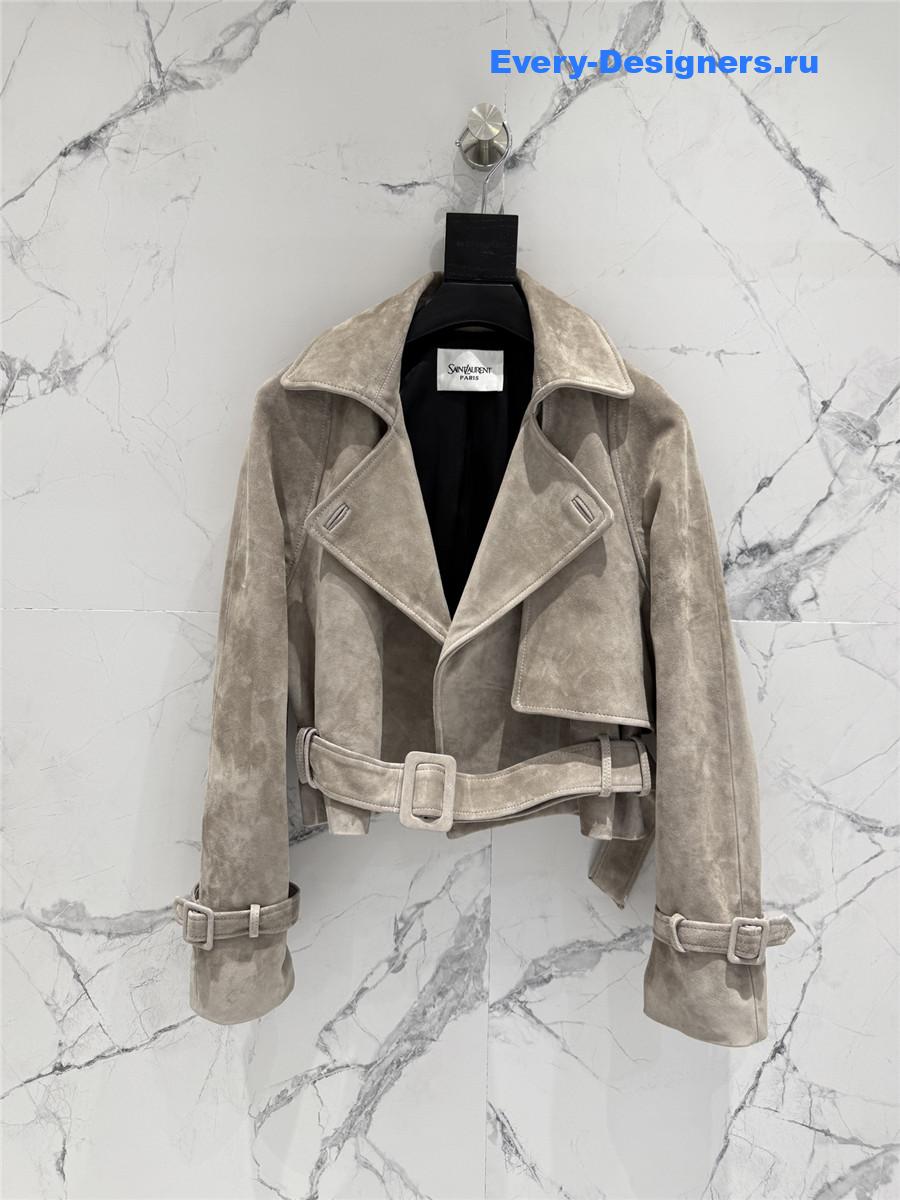 Sa1nt Lau*nt beige short suede trench coat