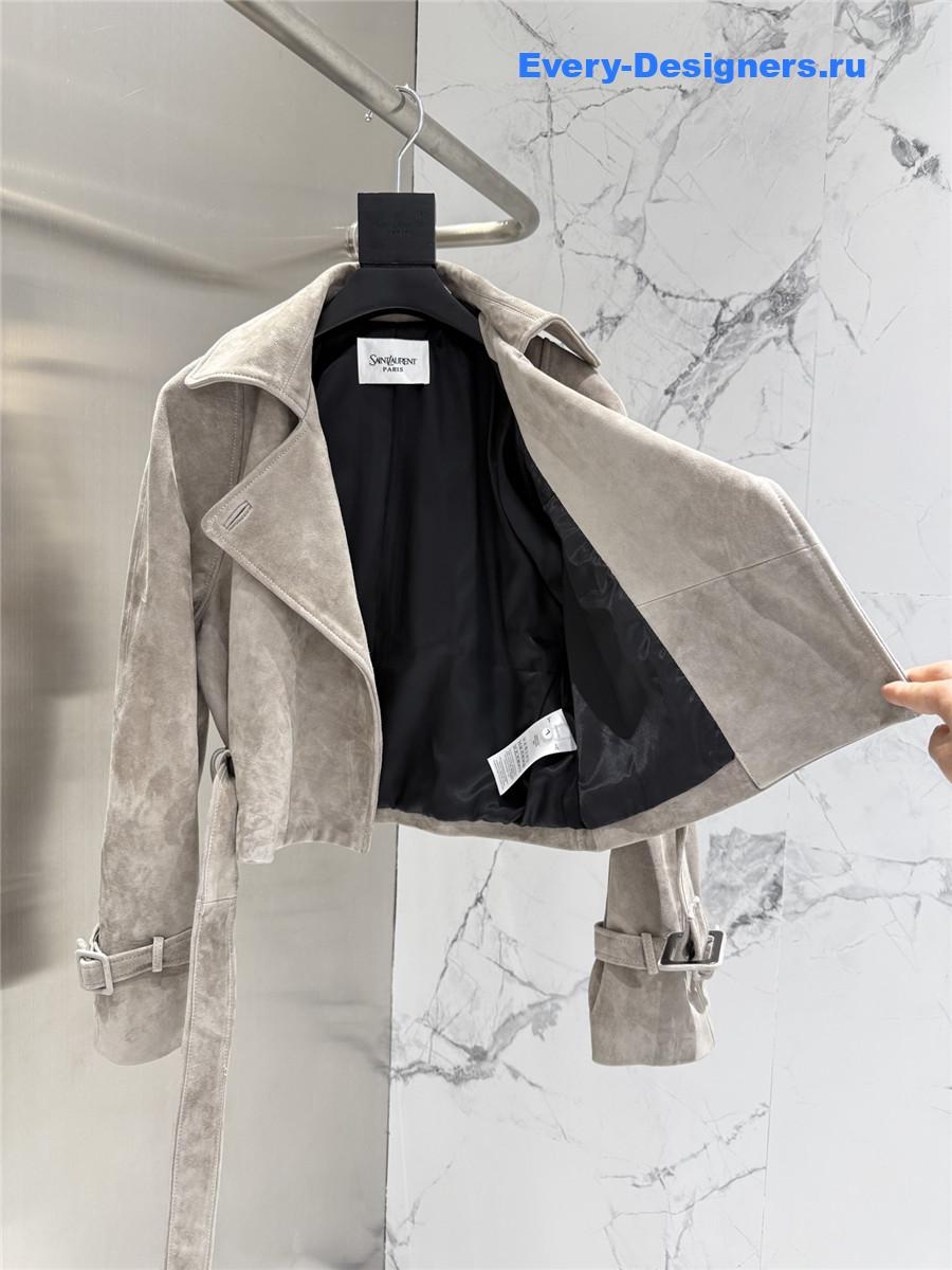 Sa1nt Lau*nt beige short suede trench coat