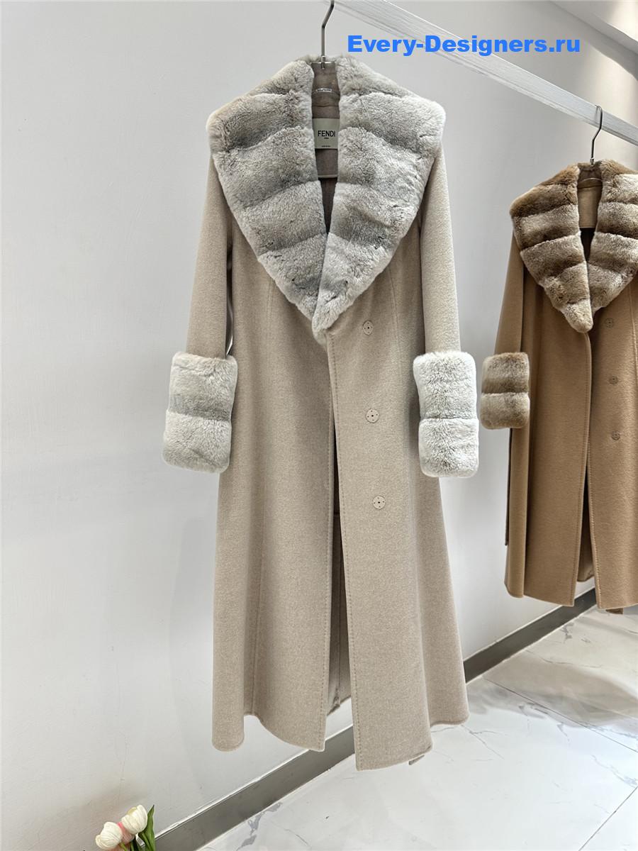 F**di beige real rex rabbit fur collar long trench coat