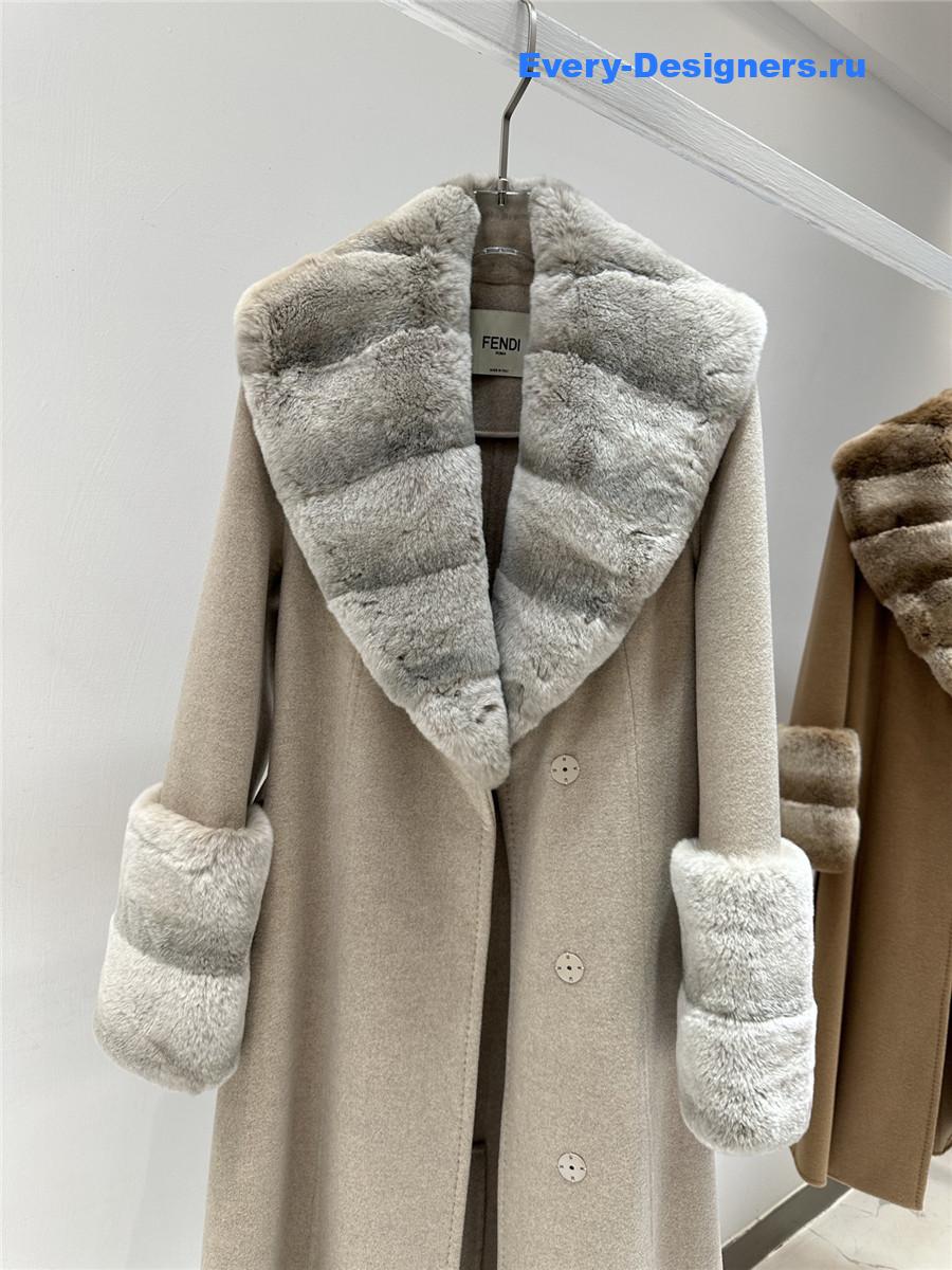 F**di beige real rex rabbit fur collar long trench coat
