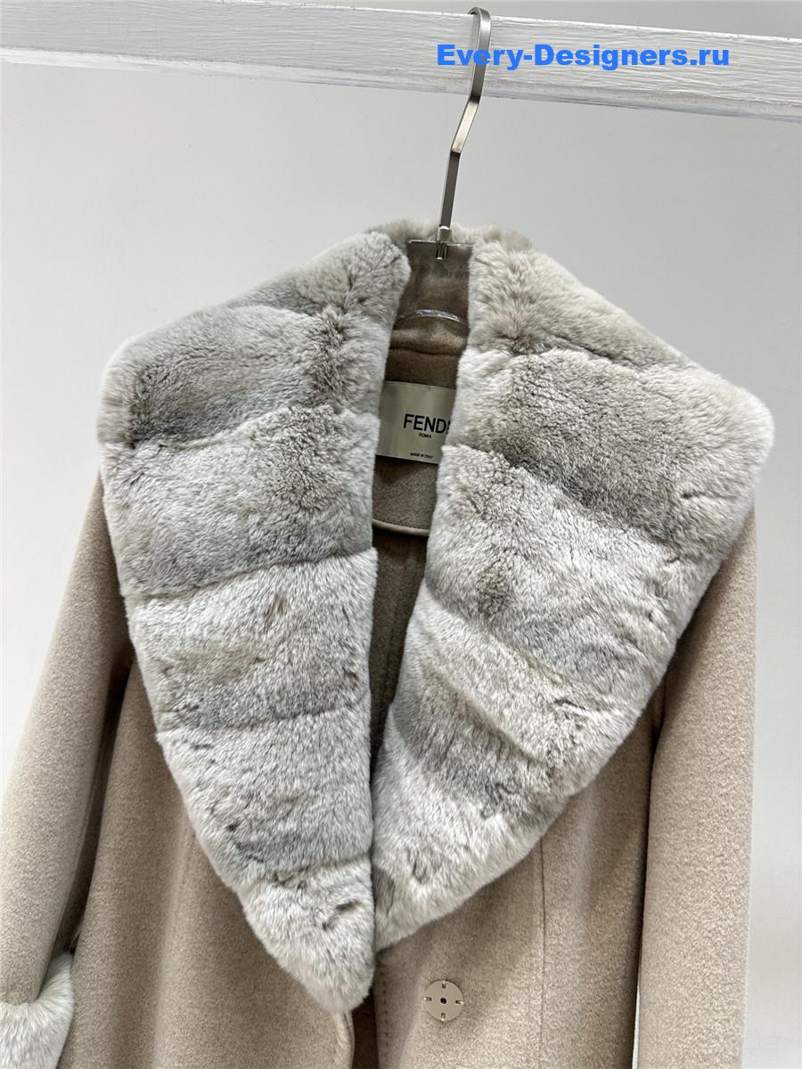 F**di beige real rex rabbit fur collar long trench coat