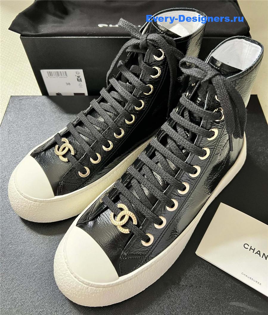 Ch**el high-top waxed leather lace-up sneakers