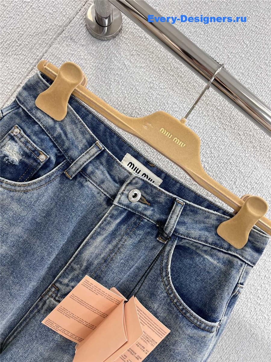 Miu Miu Lettering Print Ripped Denim Jeans