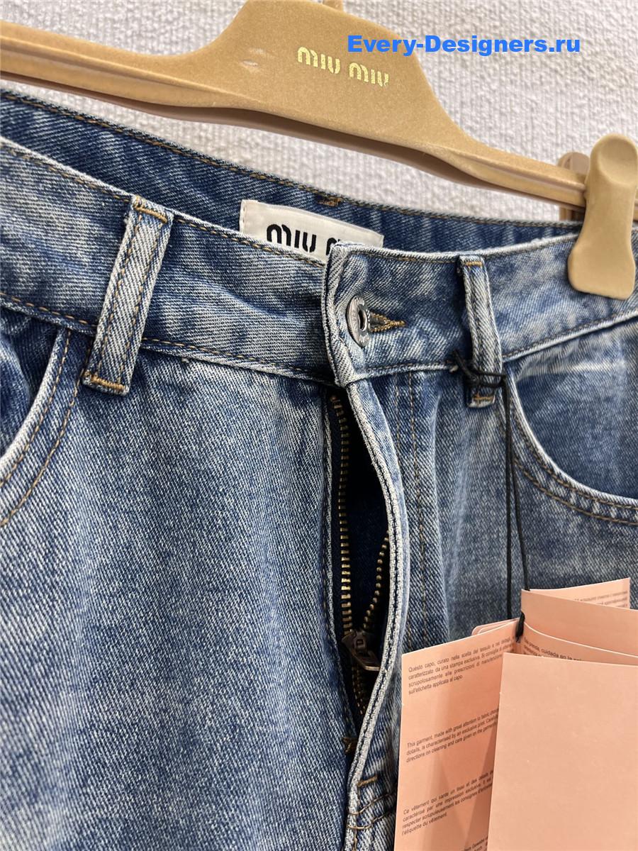 Miu Miu Lettering Print Ripped Denim Jeans