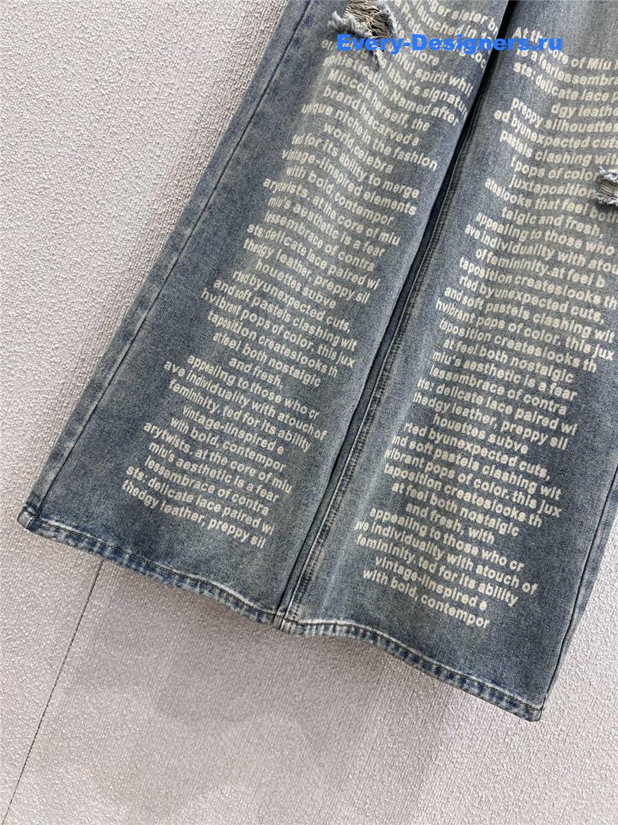 Miu Miu Lettering Print Ripped Denim Jeans