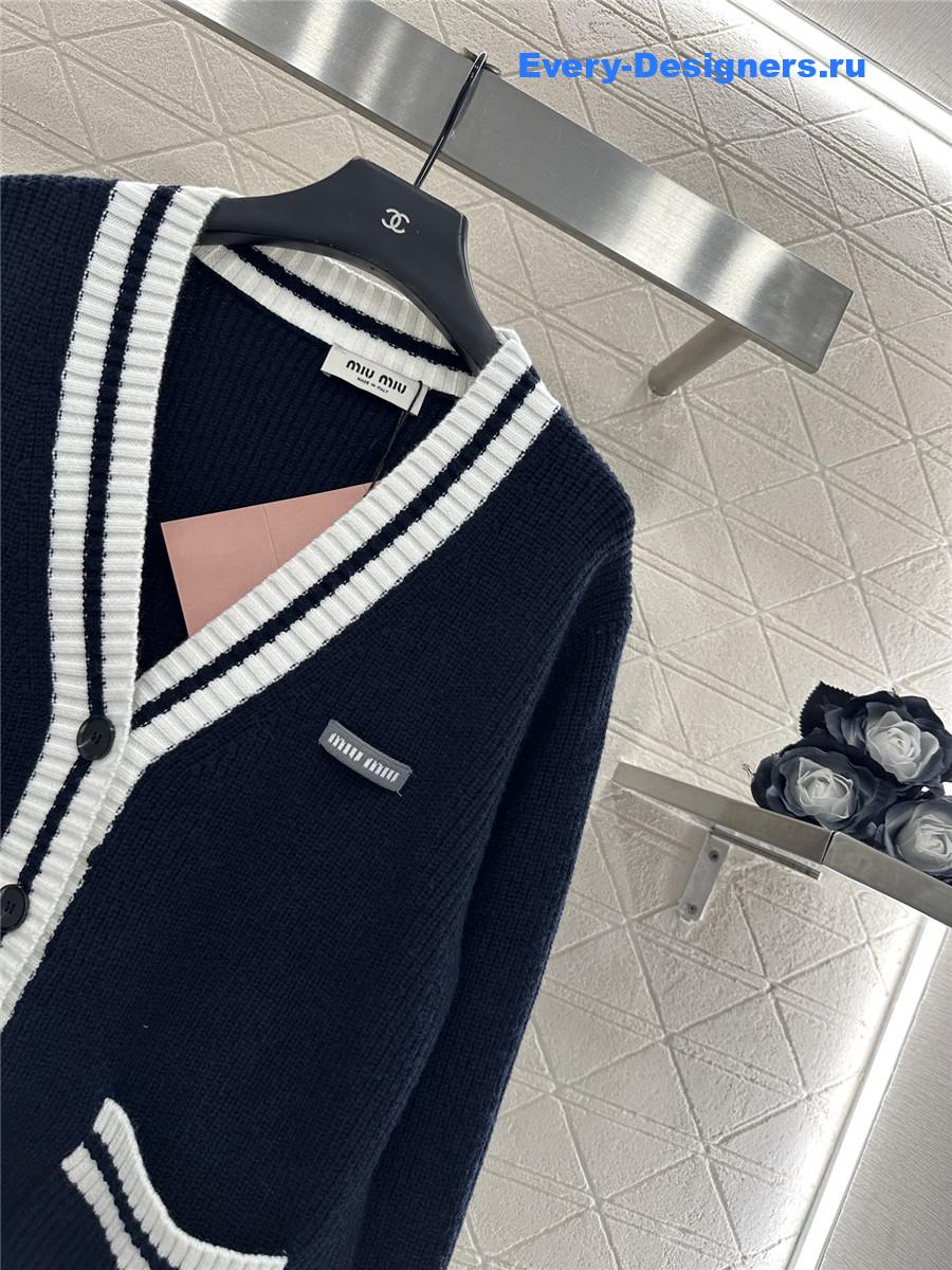 Miu Miu Navy Ribbed Knit V-neck Cardigan