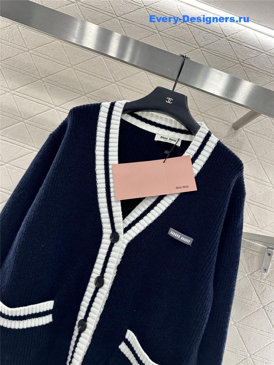Miu Miu Navy Ribbed Knit V-neck Cardigan