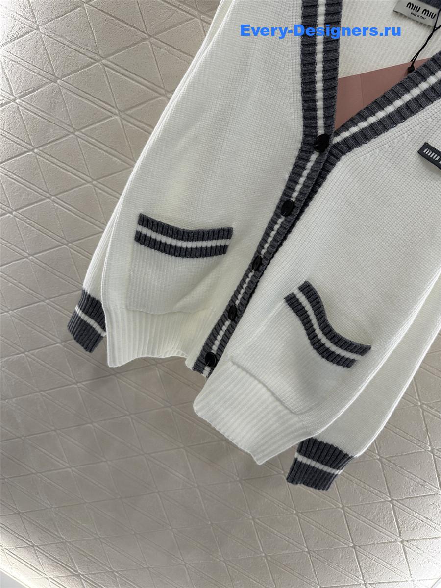 Miu Miu White Ribbed Knit V-neck Cardigan