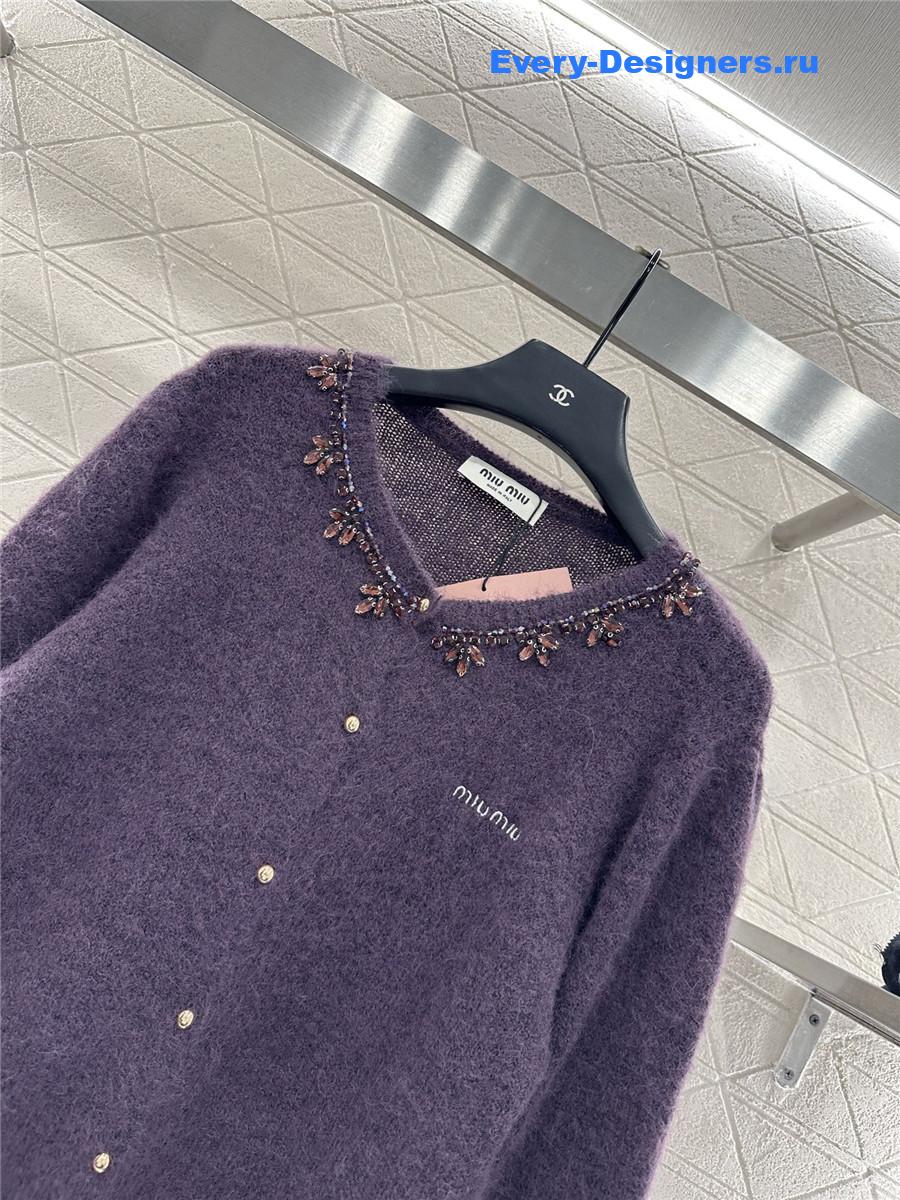 Miu Miu rhinestone purple knitted cardigan