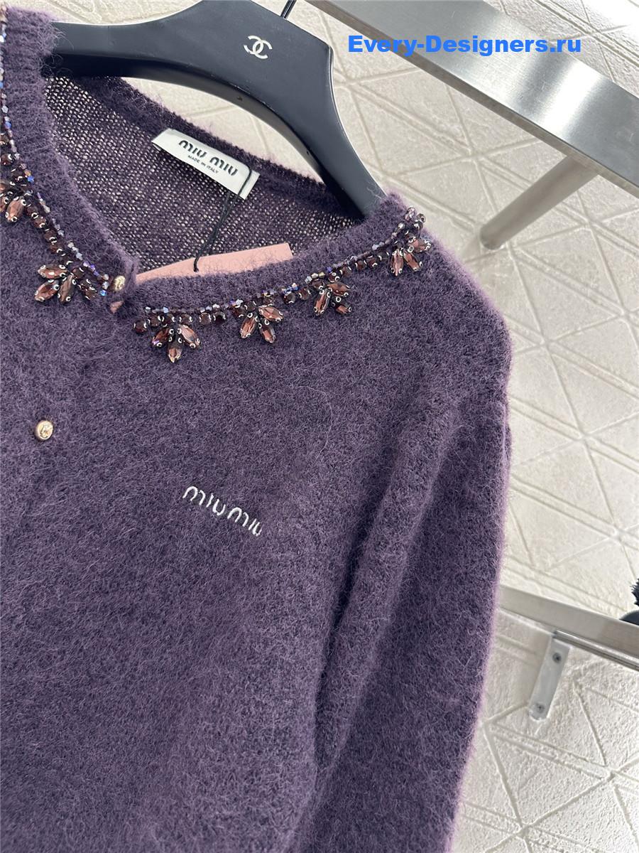 Miu Miu rhinestone purple knitted cardigan