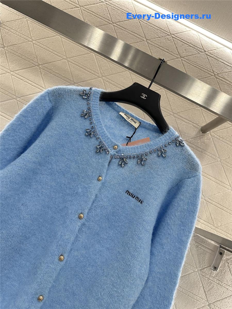 Miu Miu rhinestone blue knitted cardigan