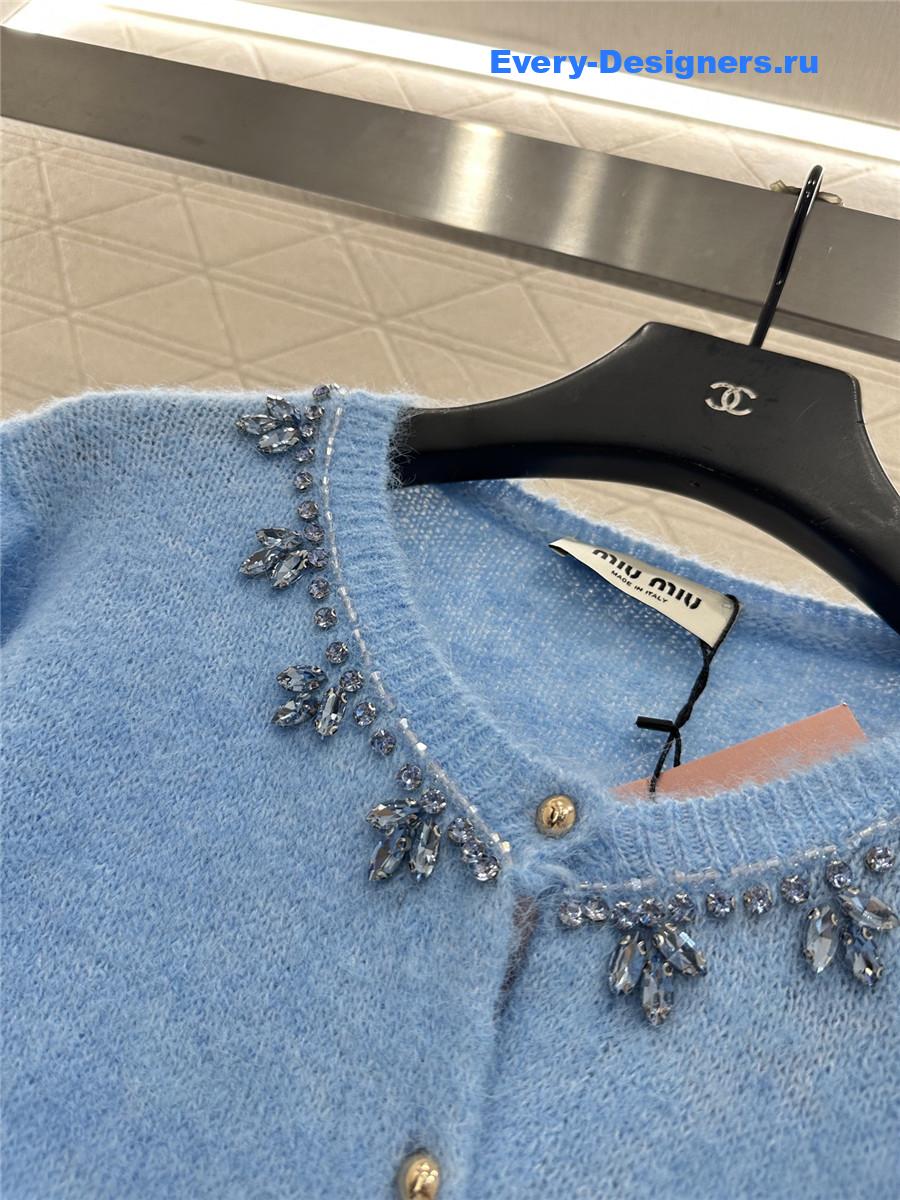 Miu Miu rhinestone blue knitted cardigan