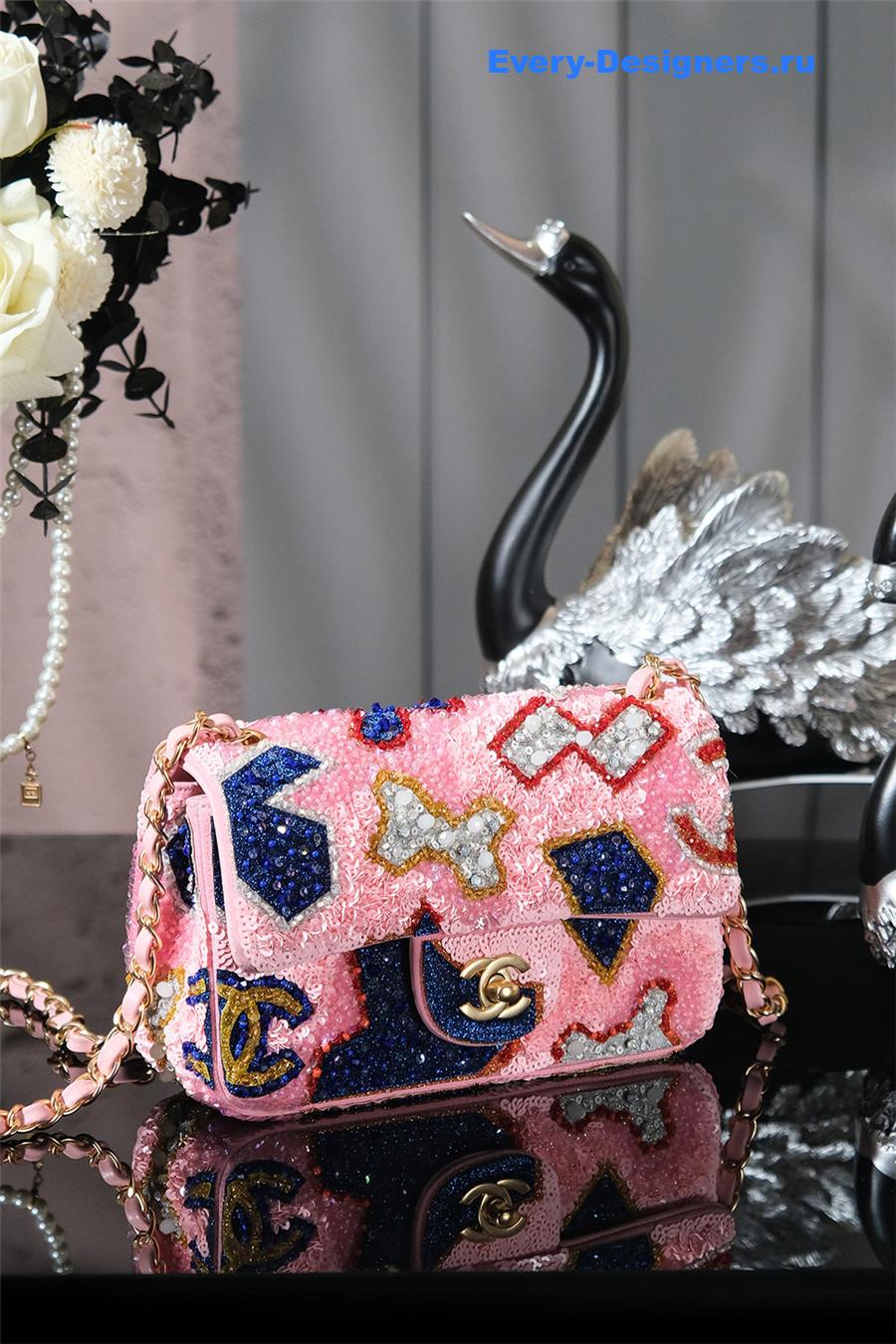 Ch**el pink satin sequin embellished flap bag